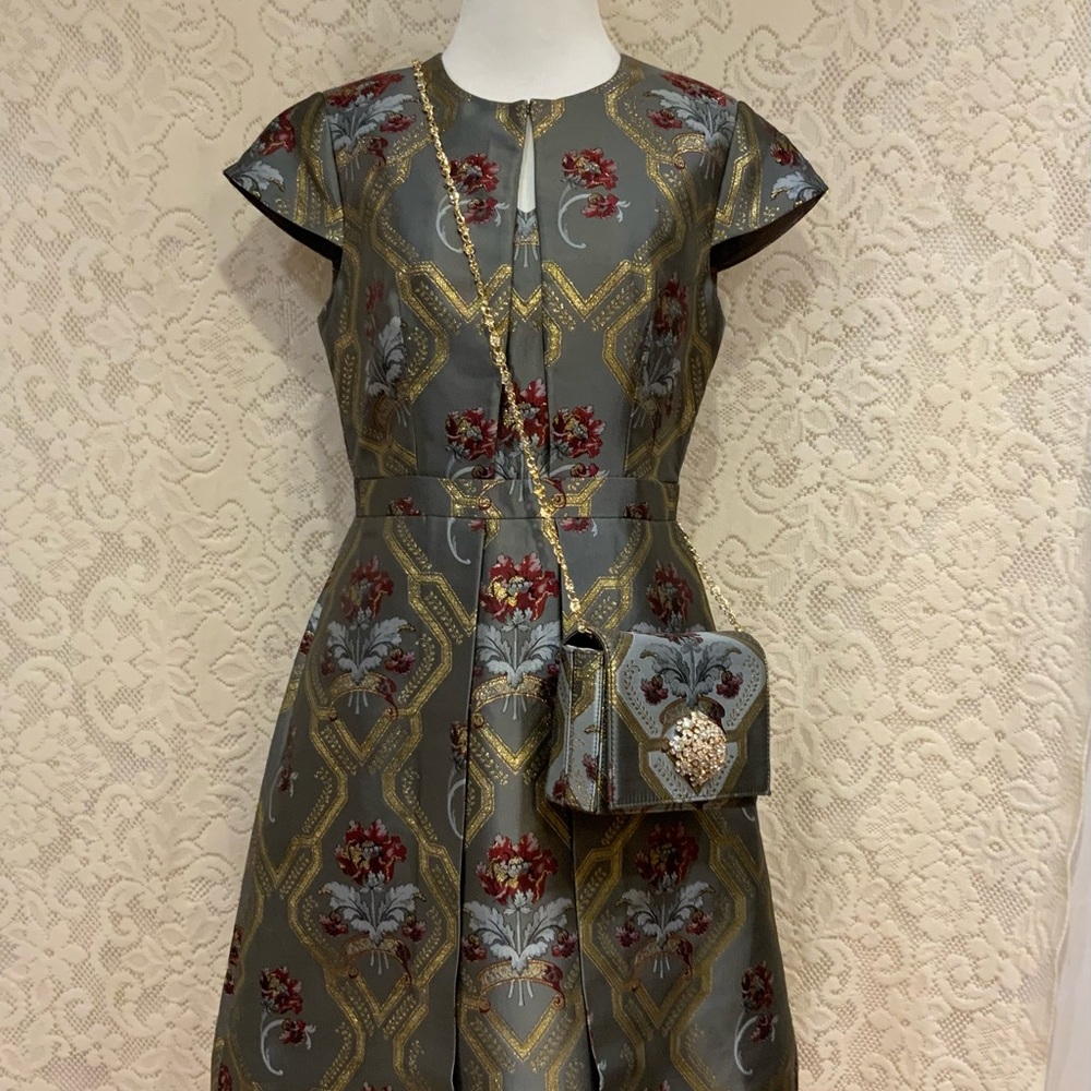 Ted Baker Ice Palace Metallic Skater Dress & Matching Bag, Ted Sz 2 (US 6). NEW